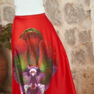 Spódnica Flos Red z pięknym storczykiem Macieja Mańkowskiego, szyta z koła, piękny soczysty kolor, marka JAK, zapinana na zamek, kieszenie boczne